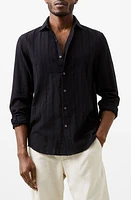 French Connection Tonal Stripe Button-Up Shirt Black at Nordstrom,