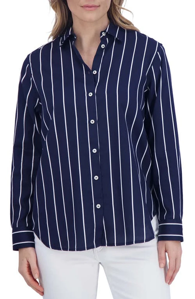 Foxcroft Stripe Tunic Button-Up Shirt Navy at Nordstrom,