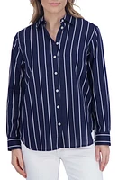 Foxcroft Stripe Tunic Button-Up Shirt Navy at Nordstrom,