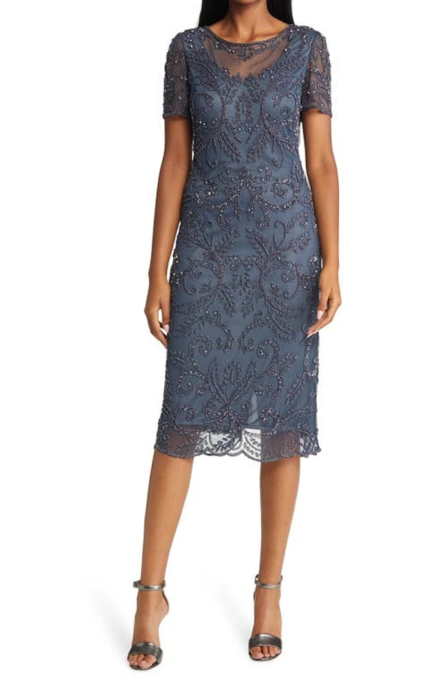 Pisarro Nights Beaded Illusion Neck Dress Slate at Nordstrom,