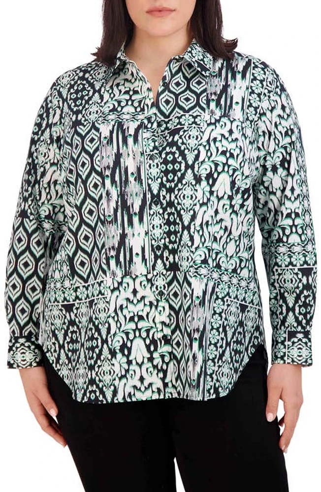 Foxcroft Ikat Print Cotton Top Black Multi at Nordstrom,