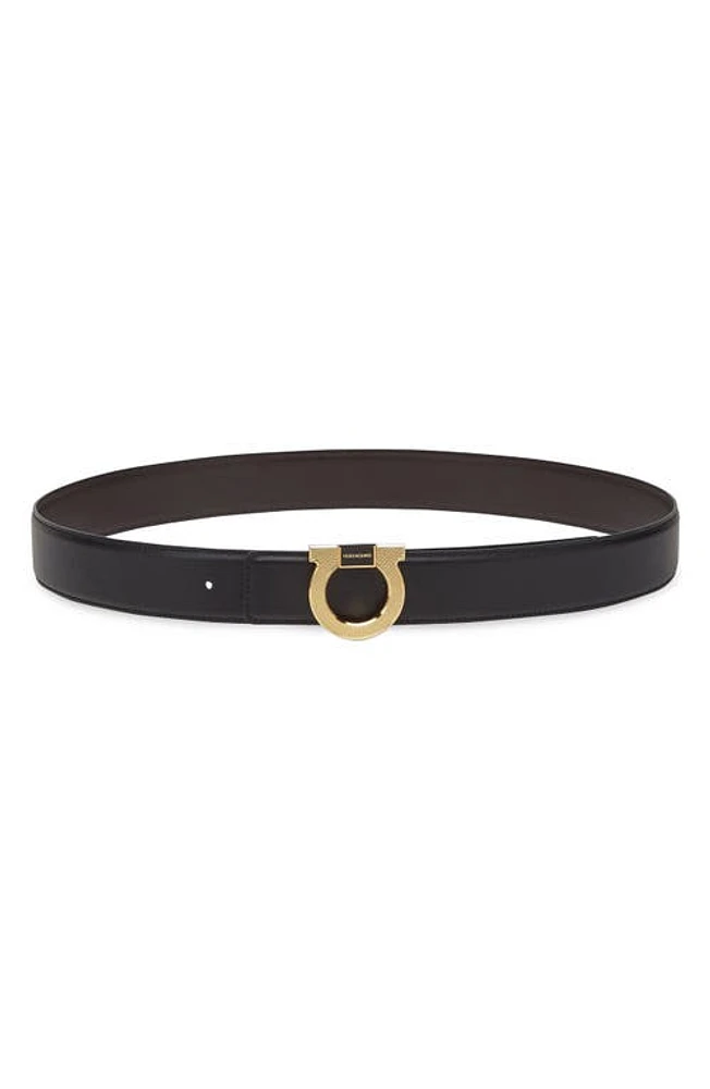 FERRAGAMO Double Gancio Leather Belt Nero Hickory at Nordstrom, Eu