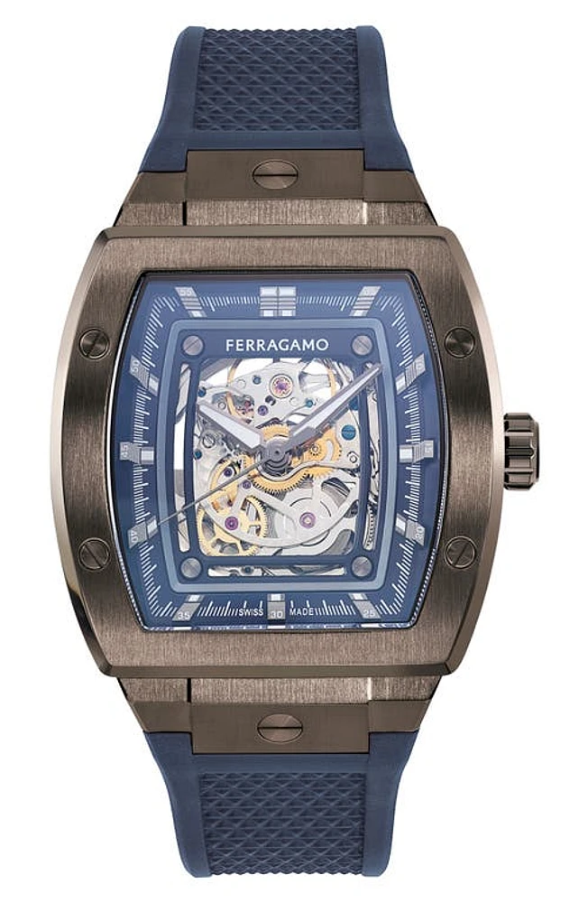 FERRAGAMO F-80 Tonneau Skeleton Recycled Polyurethane Strap Watch, 42mm in Gunmetal/Blue at Nordstrom