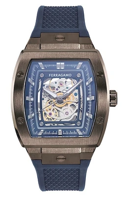 FERRAGAMO F-80 Tonneau Skeleton Recycled Polyurethane Strap Watch, 42mm in Gunmetal/Blue at Nordstrom