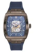 FERRAGAMO F-80 Tonneau Skeleton Recycled Polyurethane Strap Watch, 42mm in Gunmetal/Blue at Nordstrom