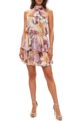 Socialite Tiered Halter Satin Minidress Blurred Multi Floral at Nordstrom,