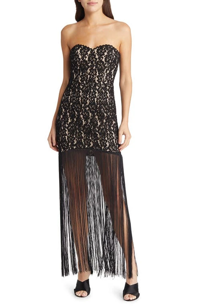 Lulus Ain't Misbehavin' Sweetheart Neck Fringe Lace Maxi Dress in Black at Nordstrom, Size Large