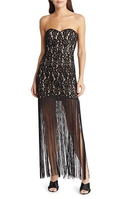 Lulus Ain't Misbehavin' Sweetheart Neck Fringe Lace Maxi Dress in Black at Nordstrom, Size Large