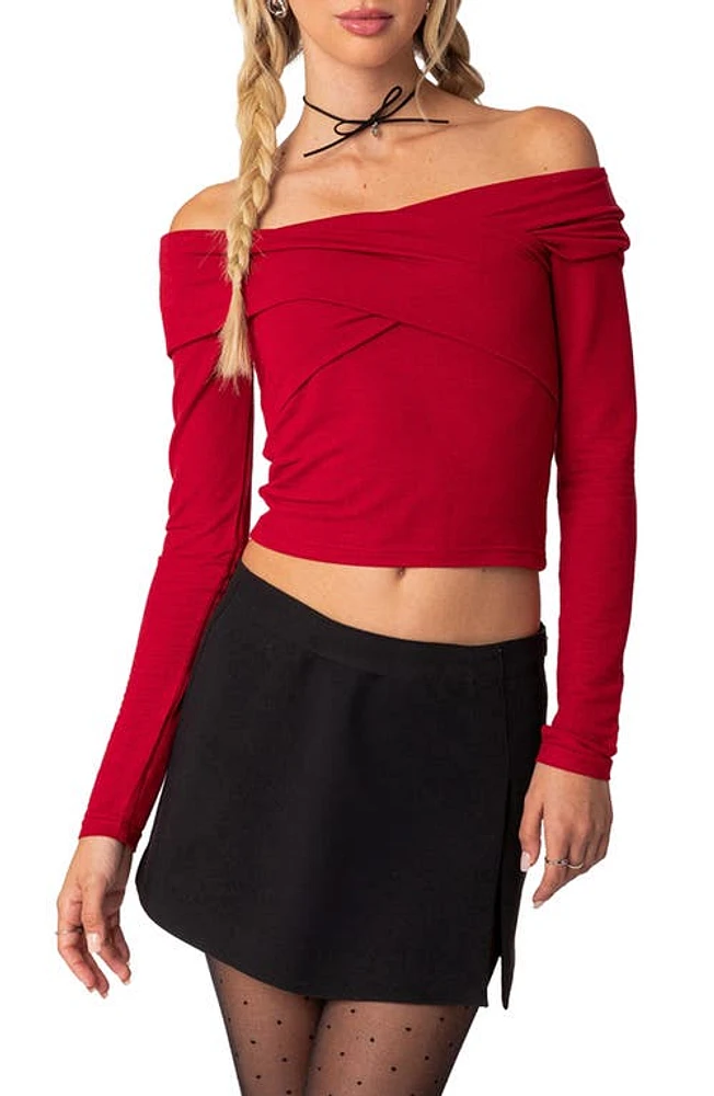 EDIKTED Off the Shoulder Long Sleeve Crop Top Red at Nordstrom,