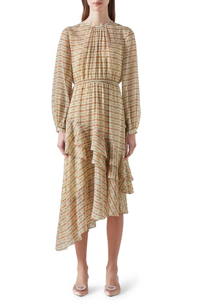 LK Bennett Bea Print Ruffle Asymmetric Long Sleeve Silk Midi Dress Rose at Nordstrom, Us