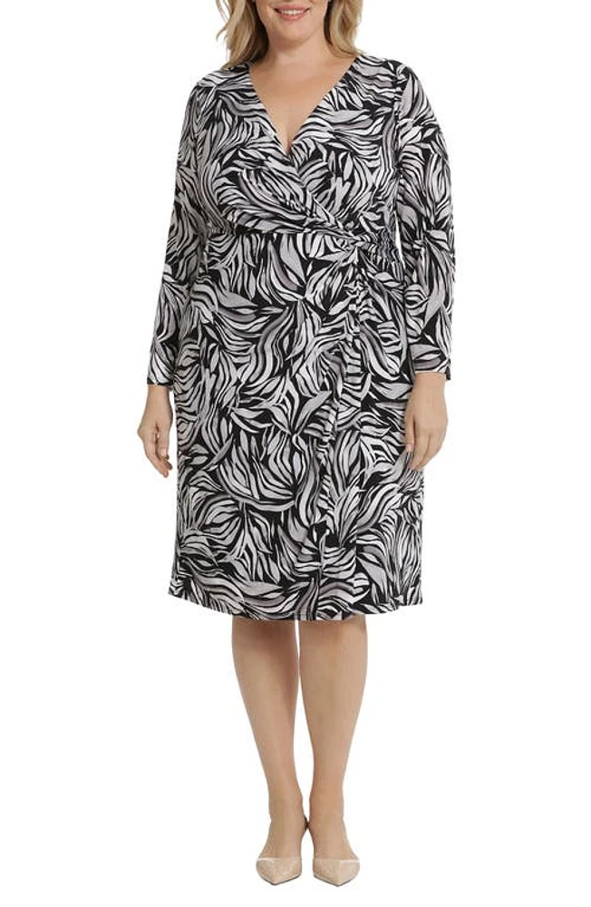 Maggy London Print Long Sleeve Faux Wrap Dress Black/Light Grey at Nordstrom,