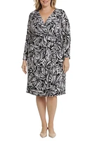 Maggy London Print Long Sleeve Faux Wrap Dress Black/Light Grey at Nordstrom,