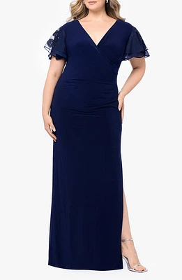 Betsy & Adam Sequin V-Neck Flutter Sleeve Gown Navy at Nordstrom,