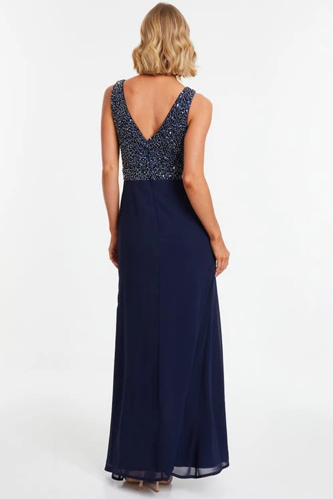 QUIZ Chiffon Embellished Wrap Split Evening Dress Blue at Nordstrom,