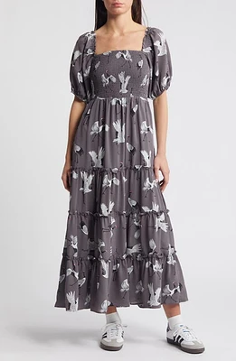 Dressed Lala Crane Print Smocked Dress Grey at Nordstrom,