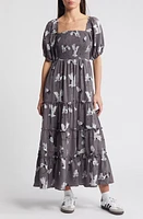 Dressed Lala Crane Print Smocked Dress Grey at Nordstrom,