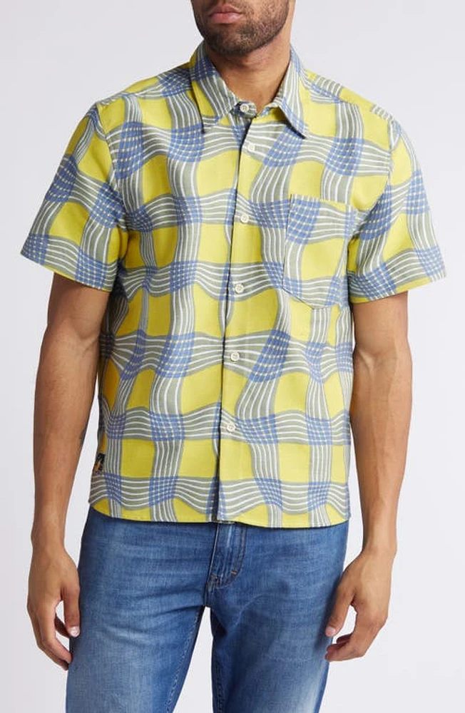 Percival Sunshine Twister Warped Check Short Sleeve Cotton & Silk Button-Up Shirt Yellow at Nordstrom, R