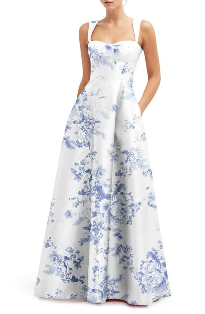 Alfred Sung Floral Lace Up A-Line Gown Cottage Rose-Larkspur Print at Nordstrom,