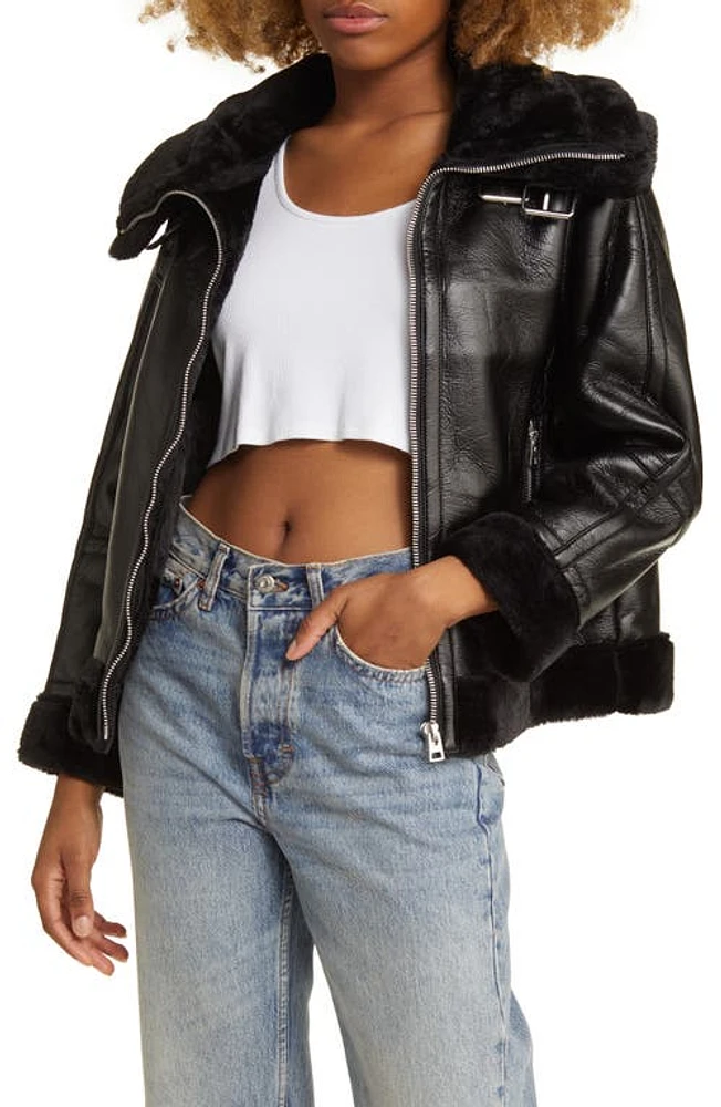 Topshop Faux Leather Aviator Jacket with Fur Trim Black at Nordstrom,