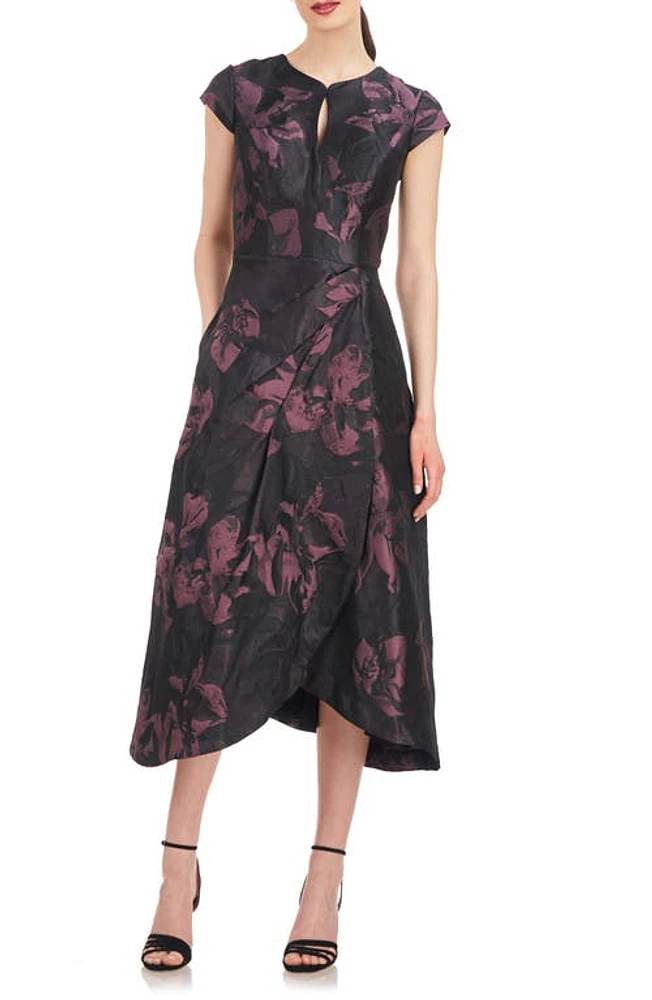 Kay Unger Massima Metallic Floral Jacquard Midi Cocktail Dress Mink Rose at Nordstrom,