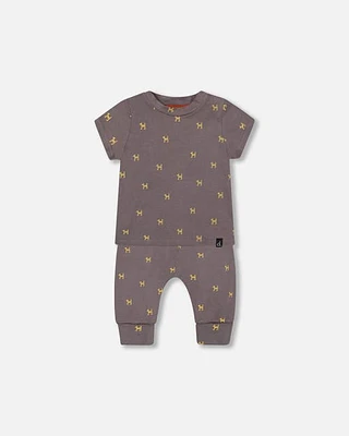 Deux Par Deux Baby Boy's Organic Cotton Top And Evolutive Pant Set Dark Grey With Printed Pixel Dog in Dark Grey With Printed Dog at Nordstrom