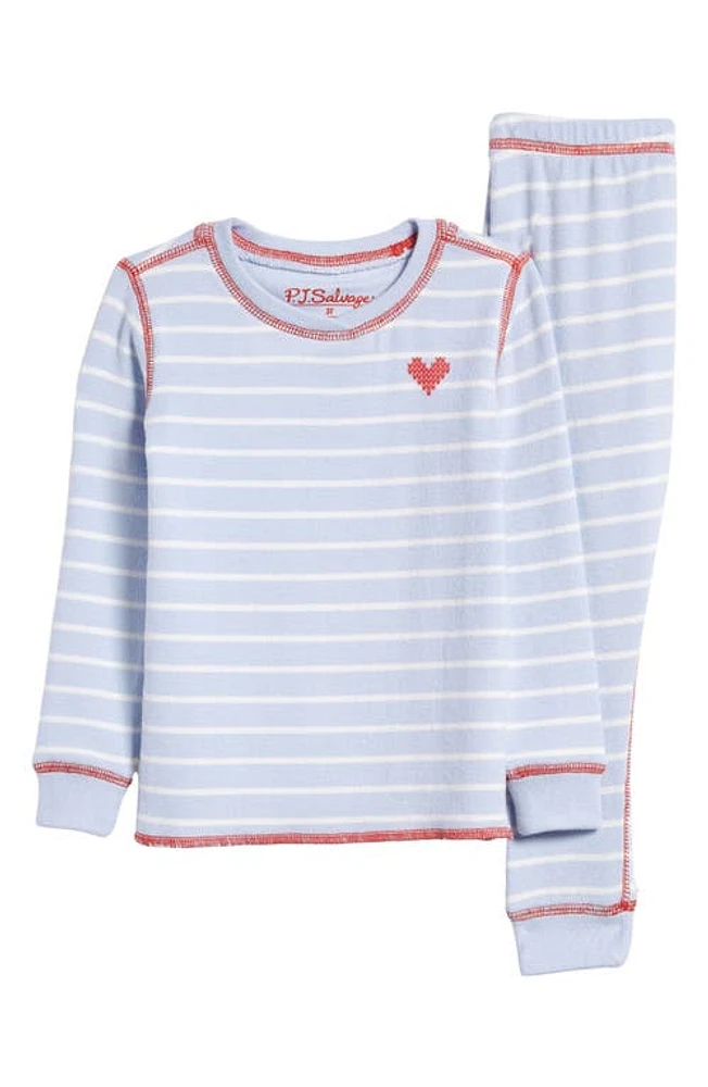 PJ Salvage Kids' Stripe Long Sleeve Fitted Pajamas Blue Mist at Nordstrom,