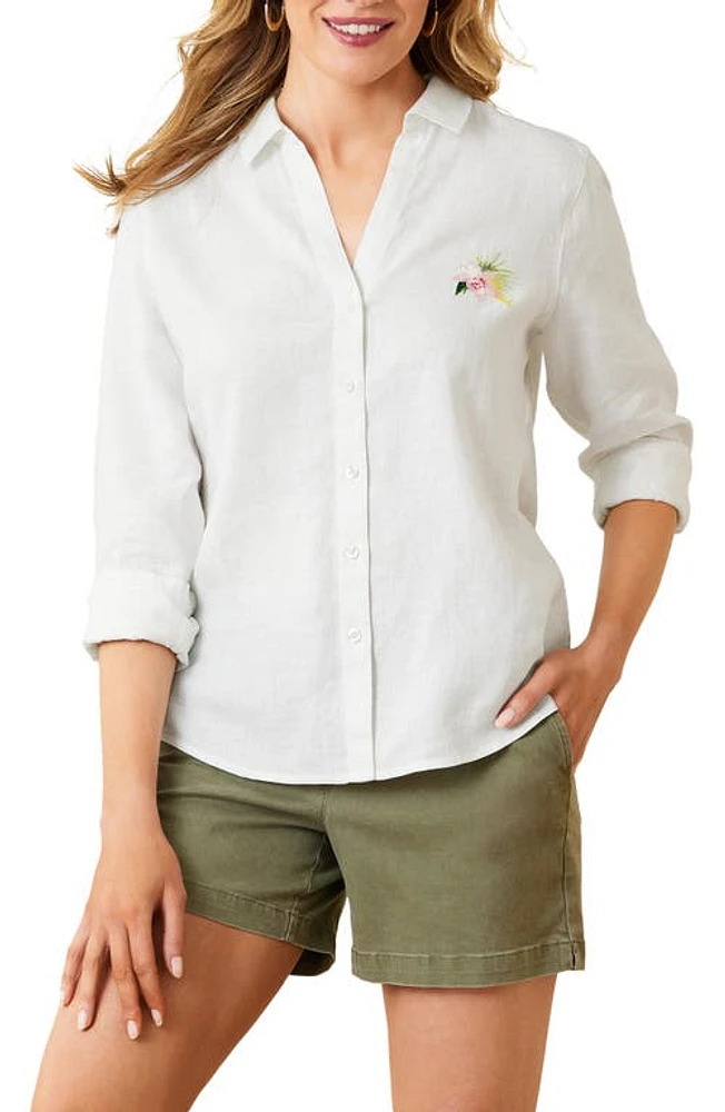 Tommy Bahama Flora Riviera Embroidered Linen Button-Up Shirt White at Nordstrom,