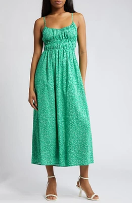 Charles Henry Floral Print Shirred Linen Blend Midi Dress Green Ditsy at Nordstrom,