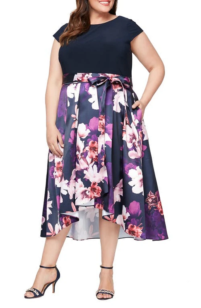 SL FASHIONS Floral Tie Belt High-Low Cocktail Dress Navy Multi at Nordstrom,