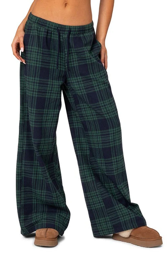 EDIKTED Lounge Around Plaid Wide Leg Pants Navy at Nordstrom,