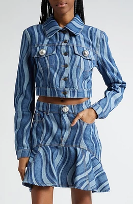 Area Sunray Wavy Stripe Denim Trucker Jacket in Indigo Multi at Nordstrom, Size 2