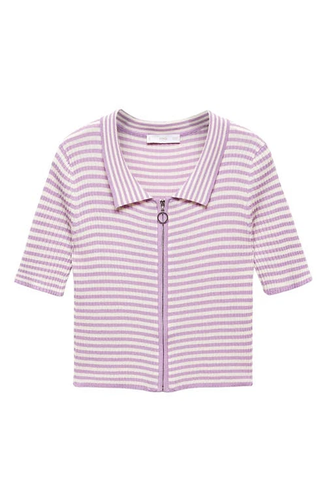 MANGO Stripe Zip-Up Polo Light/Pastel Purple at Nordstrom,