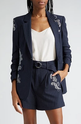 Cinq à Sept Khloe Beaded Paisley Detail Pinstripe Blazer Navy/Ivory at Nordstrom,