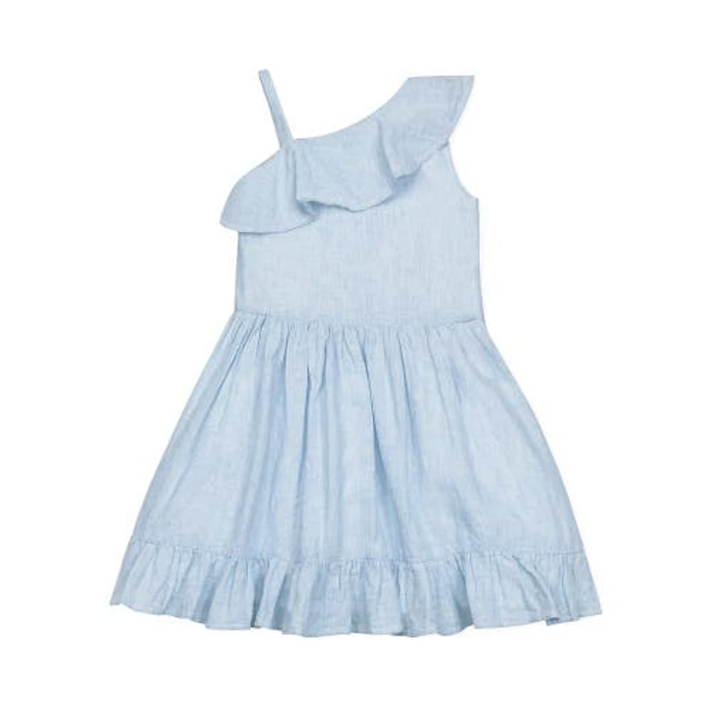 Hope & Henry Girls' Linen One Shoulder Flounce Dress with Ruffle Hem, Infant in Chambray Blue Texture at Nordstrom