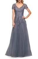 La Femme Embroidered Tulle A-Line Gown Slate at Nordstrom,