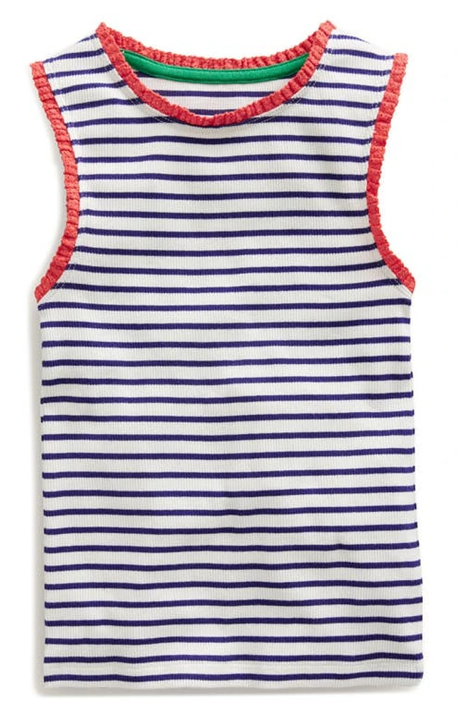 Mini Boden Kids' Stripe Crochet Cotton Rib Tank Ivory/Sapphire Blue at Nordstrom,