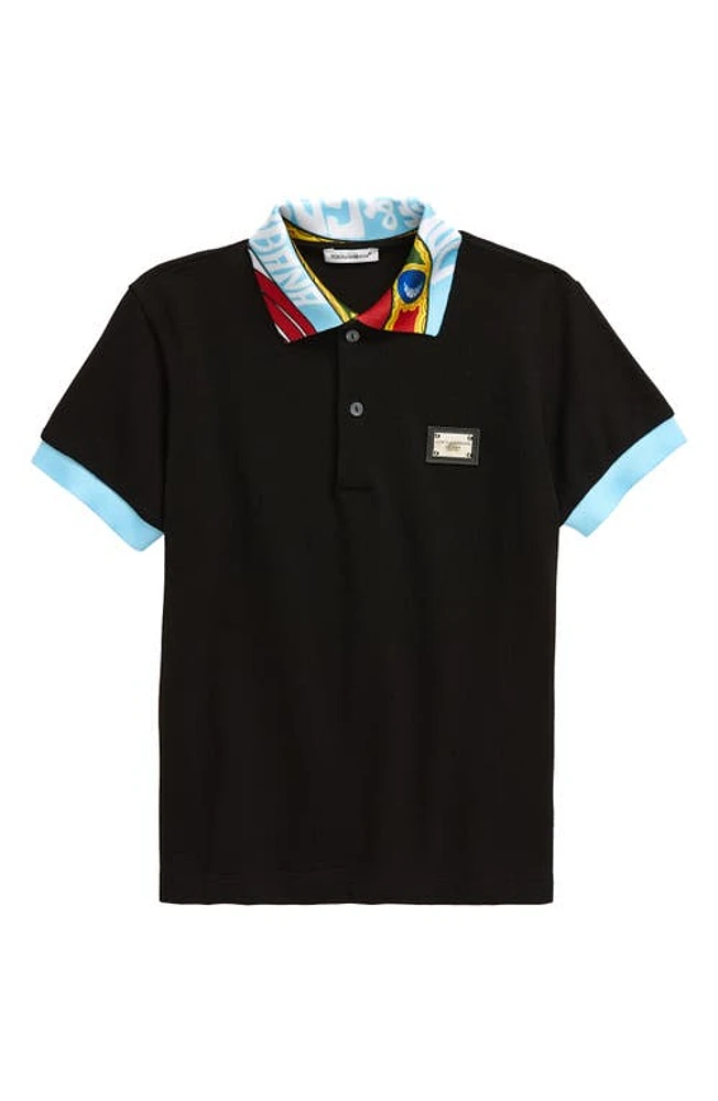 Dolce & Gabbana Kids' Logo Plaque Cotton Piqué Polo in Black at Nordstrom, Size 12