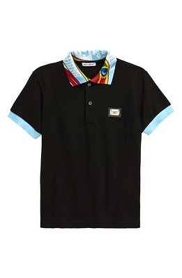 Dolce & Gabbana Kids' Logo Plaque Cotton Piqué Polo in Black at Nordstrom, Size 12