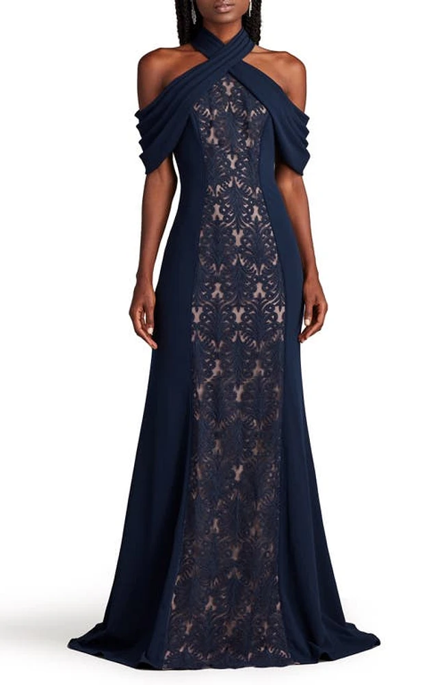 Tadashi Shoji Lace Inset Cold-Shoulder Gown Navy/Nude at Nordstrom,