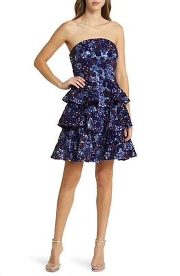 Marchesa Notte Floral Sequin Strapless Minidress in Indigo Combo at Nordstrom, Size 6