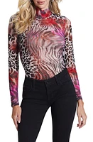 GUESS Kamaria Mesh Turtleneck Top in Wildcard Print at Nordstrom, Size X-Small