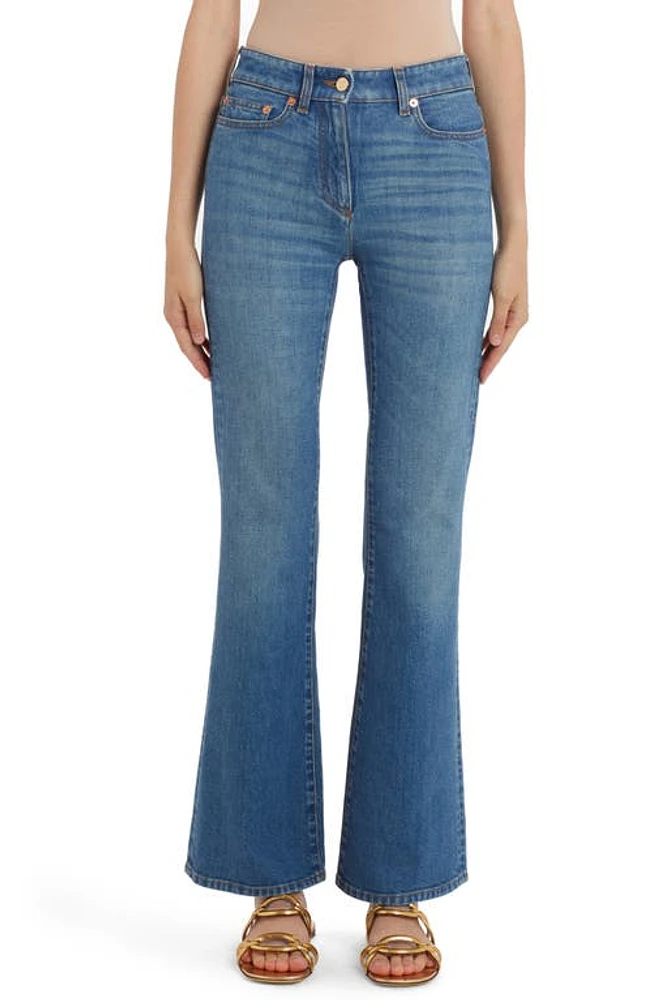 Valentino Garavani VLOGO Chain Detail Stretch Denim Bootcut Jeans 558-Medium Blue at Nordstrom,