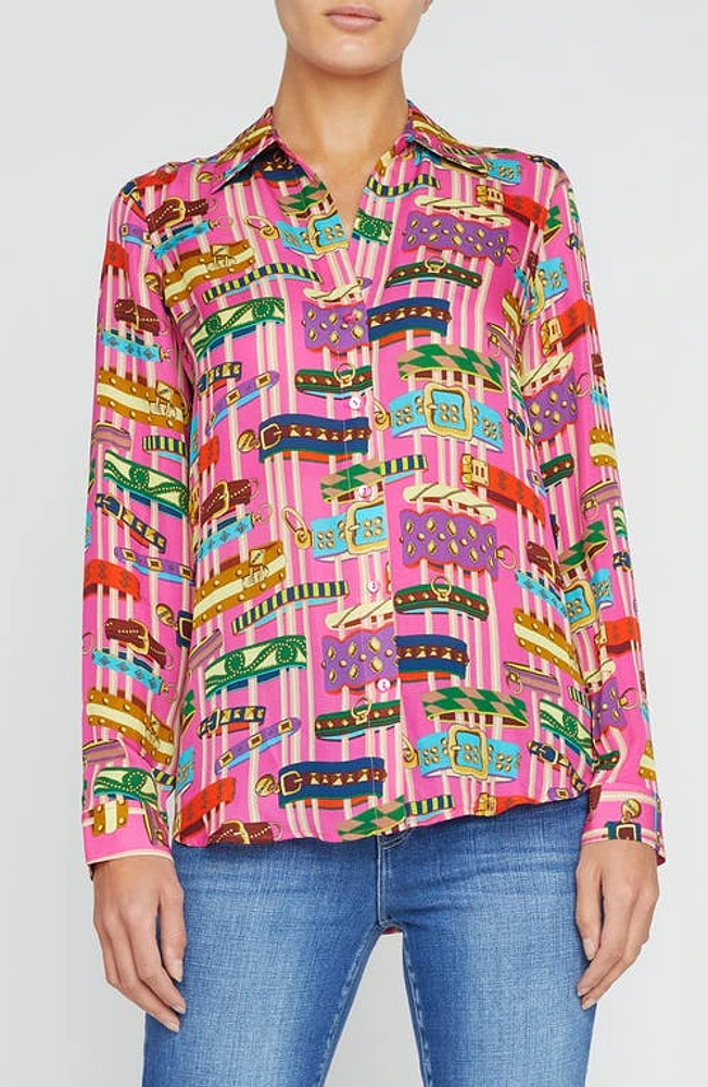 L'AGENCE Nina Print Silk Button-Up Shirt Rhodamine Multi Bracelet at Nordstrom,