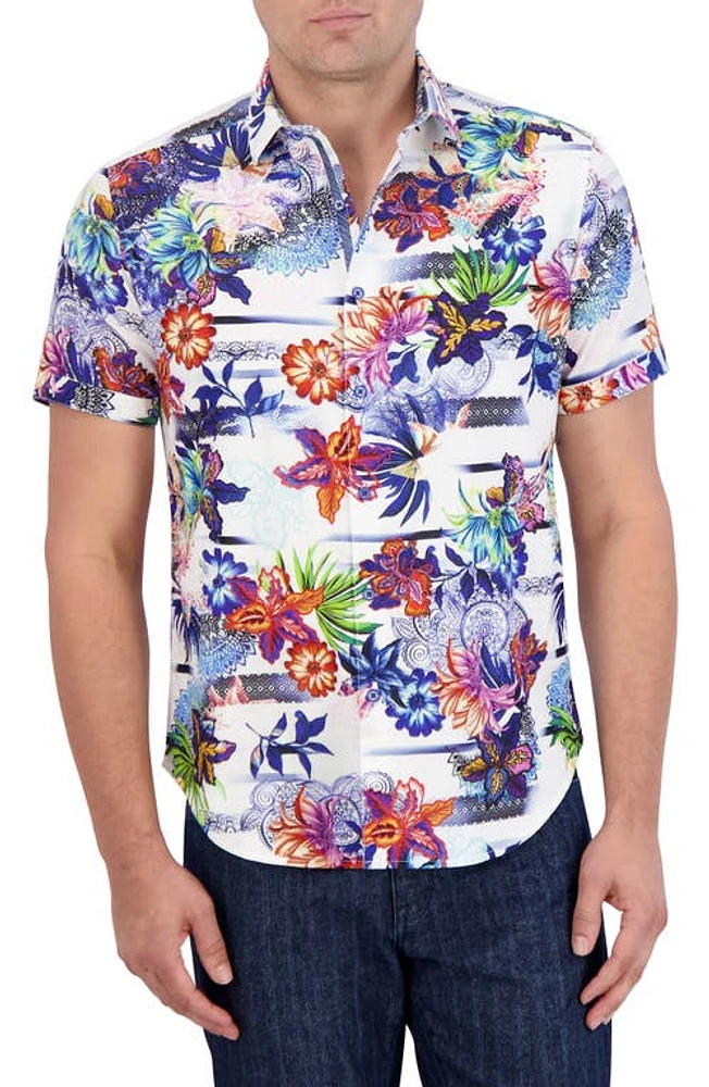 Robert Graham Kendari Floral Short Sleeve Linen & Cotton Button-Up Shirt Blue Multi at Nordstrom,