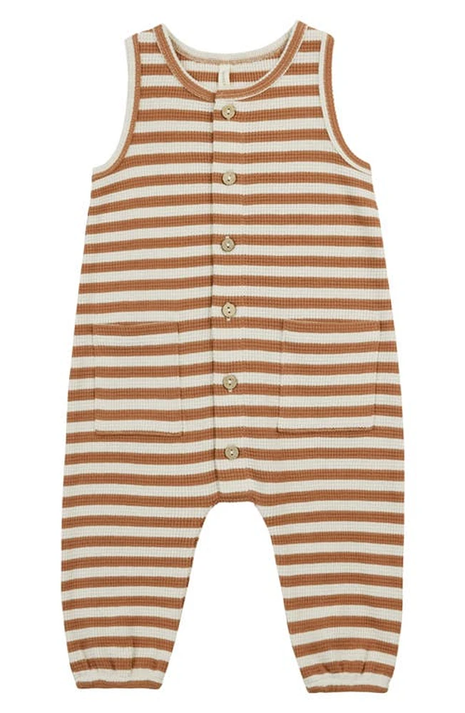 QUINCY MAE Stripe Organic Cotton Waffle Romper Clay-Stripe at Nordstrom,