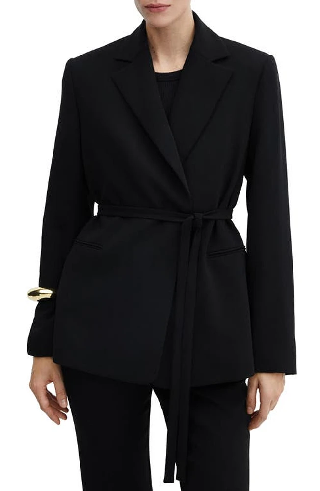 MANGO Tortuga Tie Waist Blazer Black at Nordstrom,