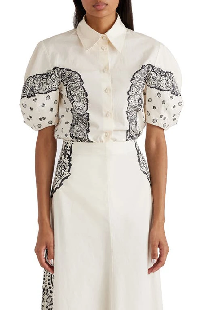 Chloé Embroidered Puff Sleeve Button-Up Shirt in Black - Ivory at Nordstrom, Size 10 Us