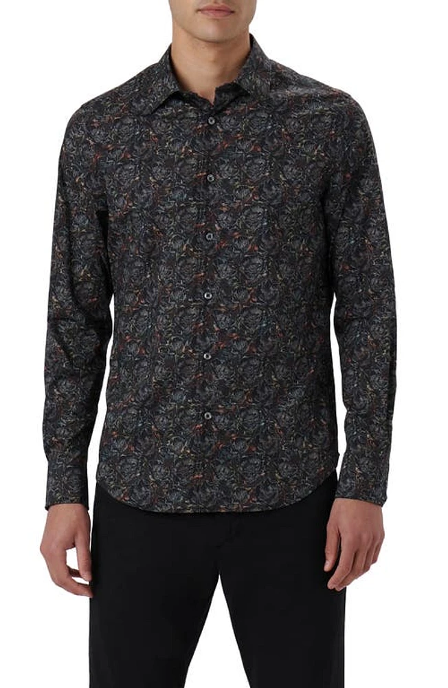 Bugatchi Julian Floral Print Cotton Button-Up Shirt Black at Nordstrom,