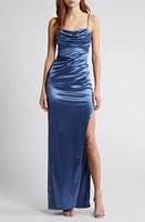 LOVE, NICKIE LEW Ruched Side Slit Satin Gown in Denim at Nordstrom, Size X-Small Regular