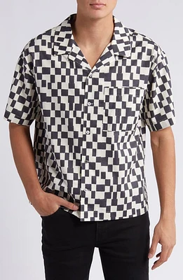 FRAME Geometric Print Lyocell & Cotton Camp Shirt Dark Navy at Nordstrom,